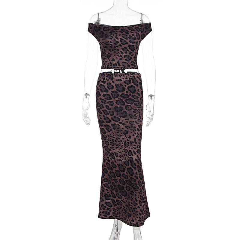 Damen Elegantes Maxikleid mit schulterfreiem Design und Leopardenmuster R&B
