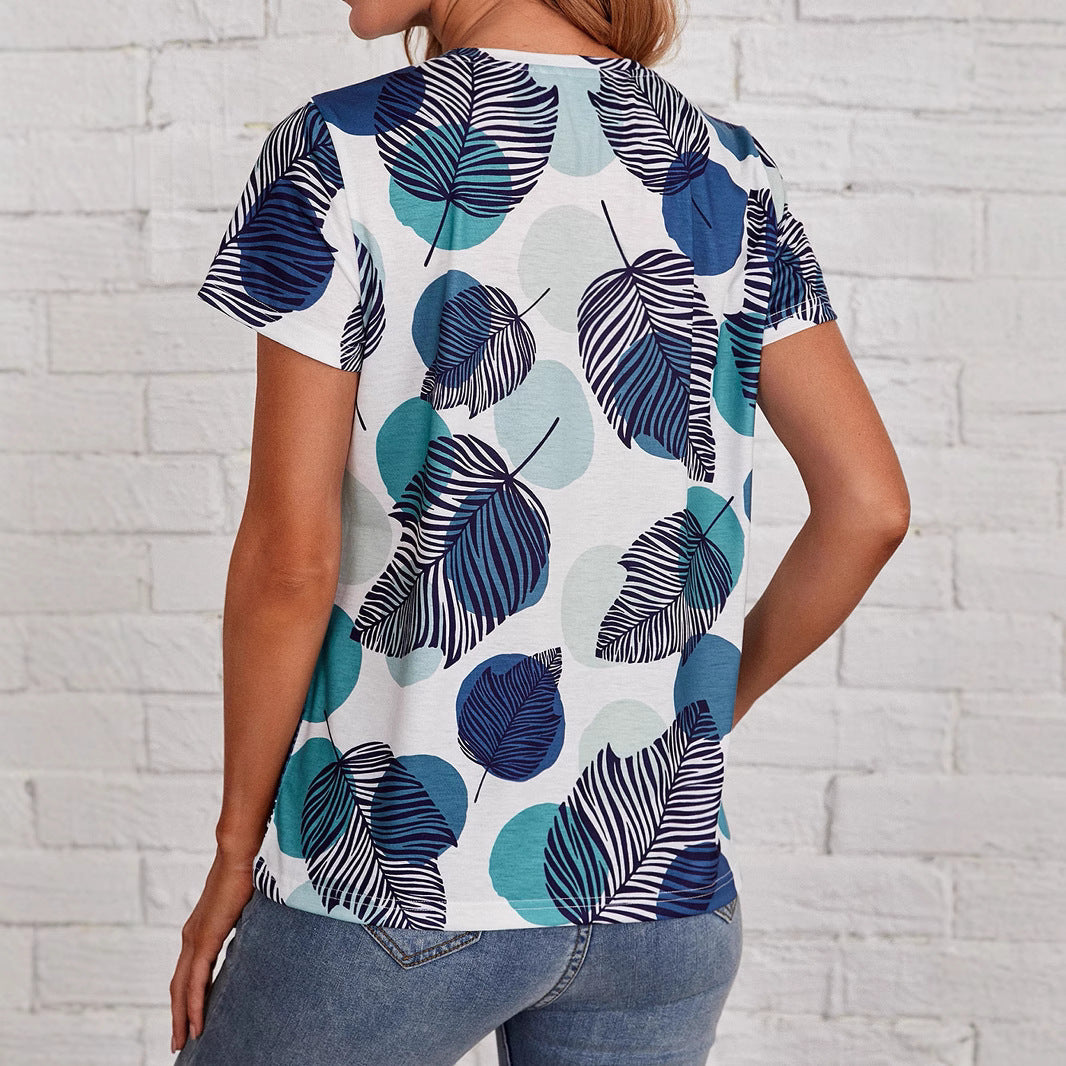 Damen Kurzarm-T-Shirt mit modernem Blattdruck R&B