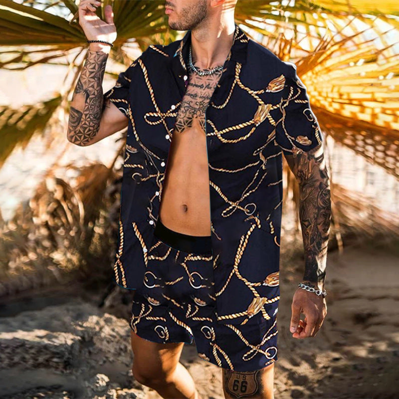 Herren nan barockgemustertes Kurzarm-Hemd mit passender locker geschnittener Shorts R&B