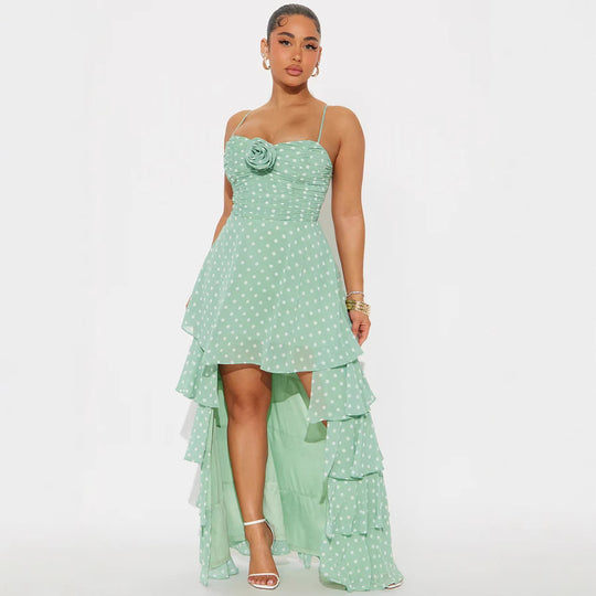 Damen Verspieltes Polka-Dots Maxikleid mit asymmetrischem Rock und floralen Akzenten R&B