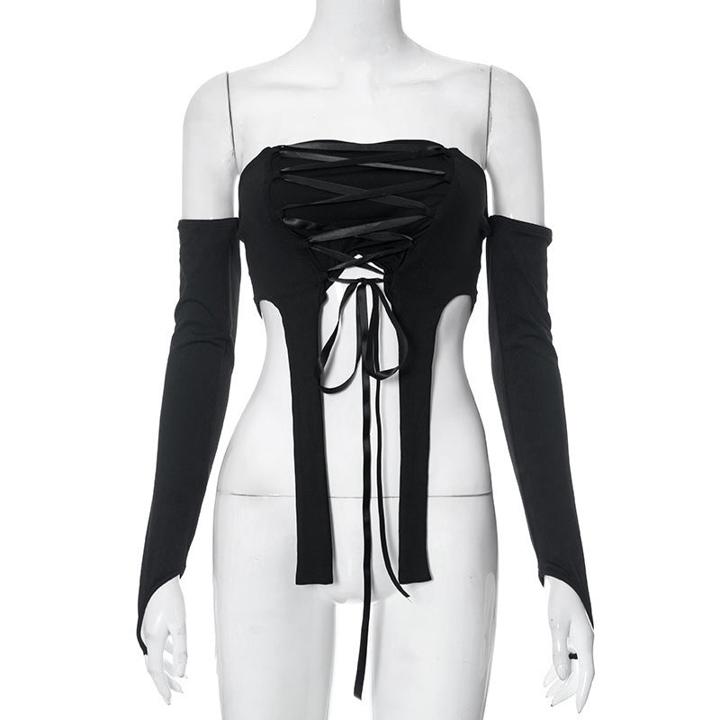 Damen elastisches Off-Shoulder Top mit aufwendiger Schnürung R&B