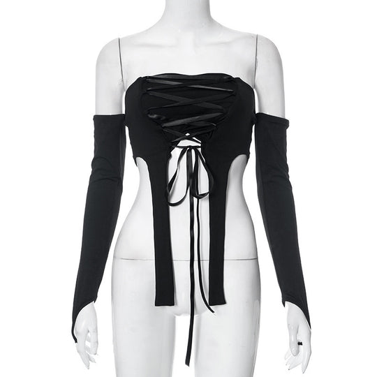 Damen elastisches Off-Shoulder Top mit aufwendiger Schnürung R&B