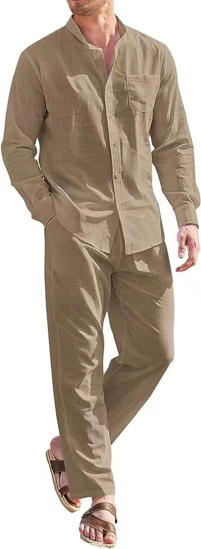 Herren lässiges Leinenanzugset mit offenem Kragen und seitlichen Taschen R&B