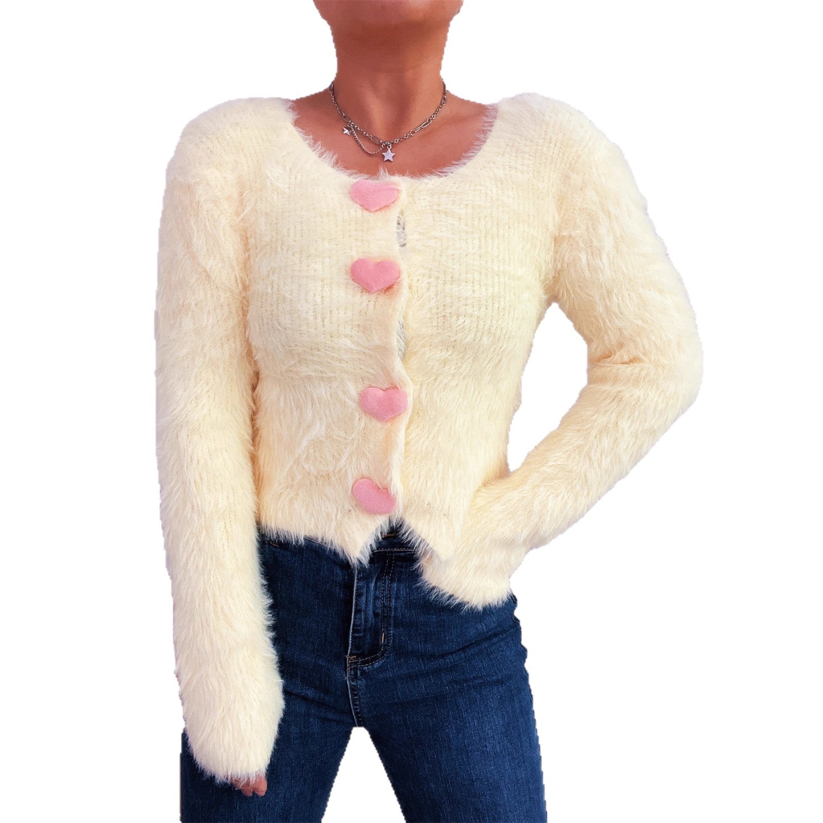 Damen Kuscheliger Strickpullover mit Herzknöpfen R&B