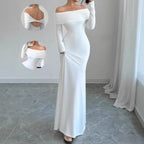 Damen Elegantes Off-Shoulder Maxikleid mit langem Arm und drapiertem Oberteil R&B