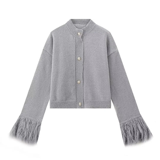 Damen lässige Strickjacke mit dekorativen Fransen und hochwertigen Knöpfen R&B