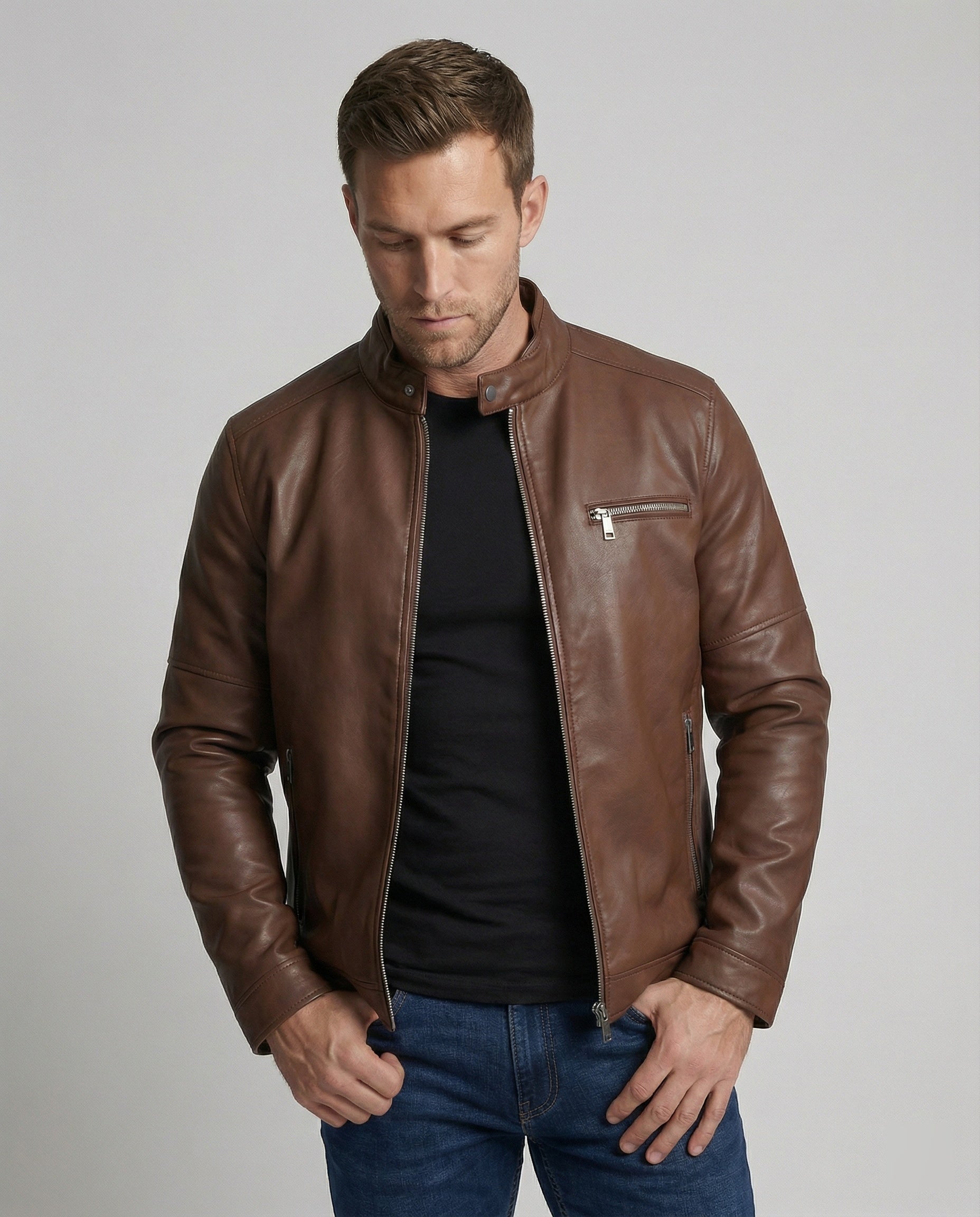 Herren moderne Kunstlederjacke mit Reißverschlüssen R&B