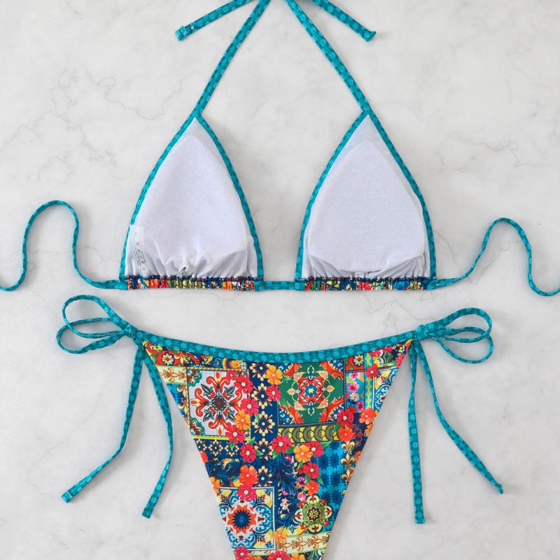 Damen Triangel-Bikini mit bunten Zierstichen und verstellbaren BindR&Bändern R&B