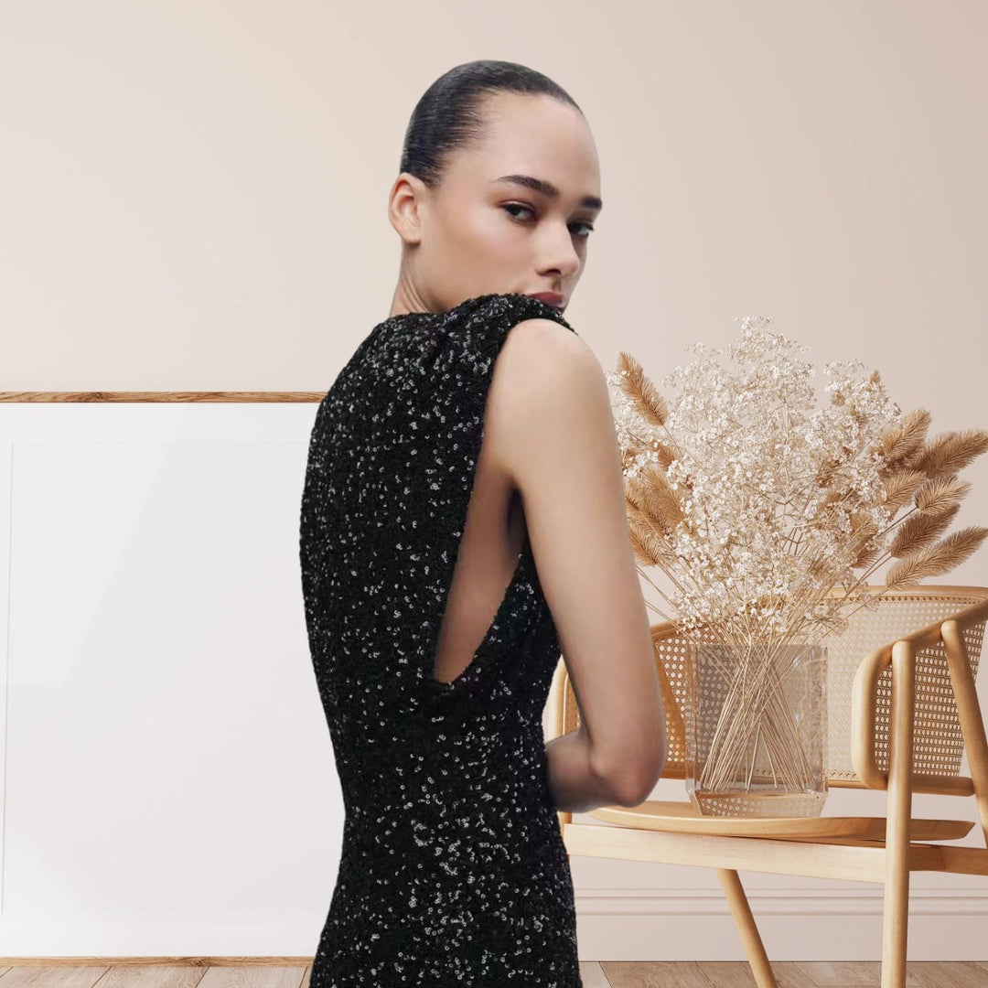 Damen Elegantes Cocktailkleid mit funkelndem Paillettendesign und hochgeschlossenem Stehkragen R&B