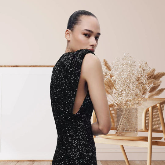 Damen Elegantes Cocktailkleid mit funkelndem Paillettendesign und hochgeschlossenem Stehkragen R&B
