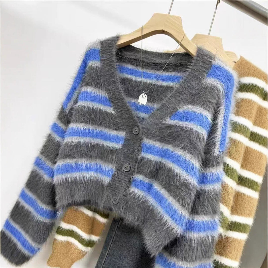 Damen lässiger Crop-Cardigan mit strukturiertem Streifenmuster und Knopfdetails R&B