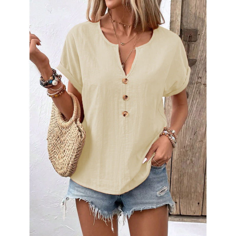 Damen lässige Bluse mit Knopfleiste und rundem Ausschnitt R&B