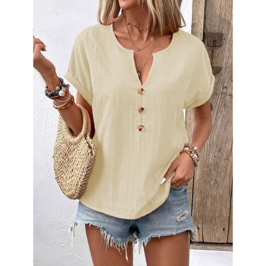 Damen lässige Bluse mit Knopfleiste und rundem Ausschnitt R&B