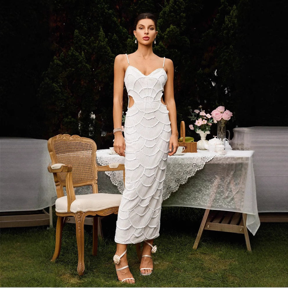 Damen Elegantes Midi-Kleid mit rückseitigen Cut-Outs und dekorativem Wellendesign R&B