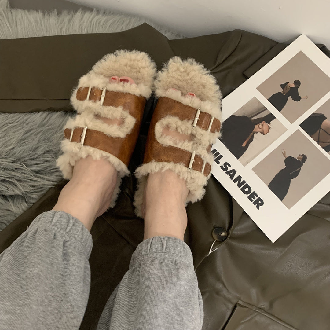 Damen Gemütliche Clogs mit verstellbaren Riemen und flauschigem Innenfutter R&B