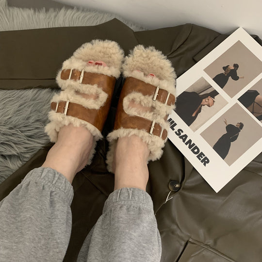 Damen Gemütliche Clogs mit verstellbaren Riemen und flauschigem Innenfutter R&B