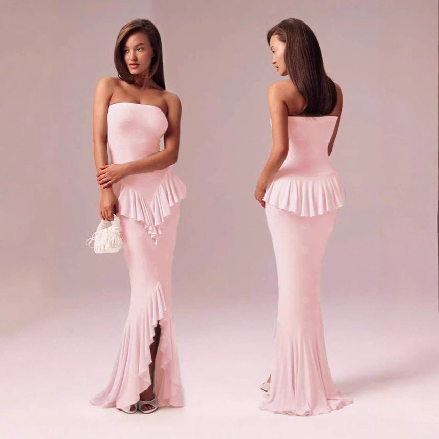 Damen Elegantes Bandeau Maxikleid mit Fransen R&B