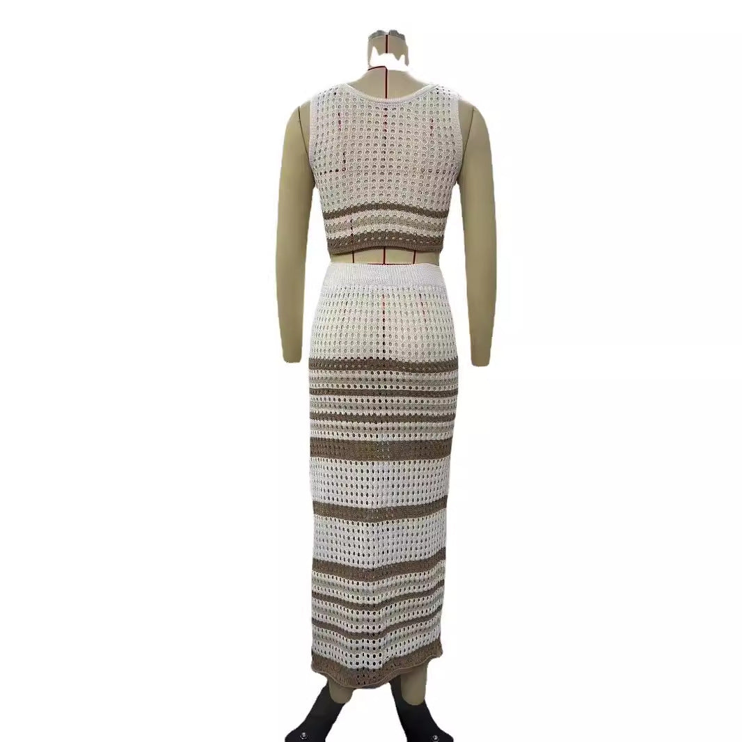 Damen elegantes gestricktes Zweiteiler-Set mit geometrischem Lochdesign R&B
