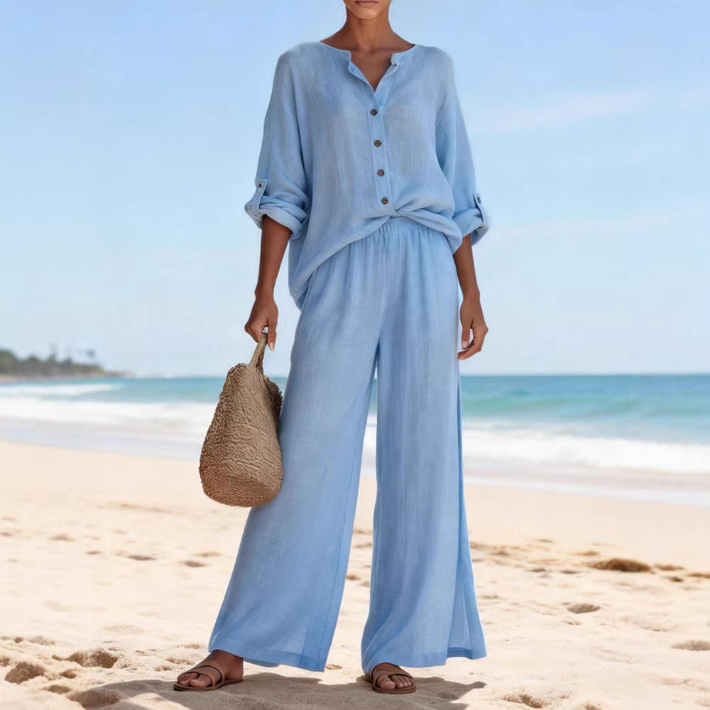Damen Luftige Leinenbluse und weite Hose R&B