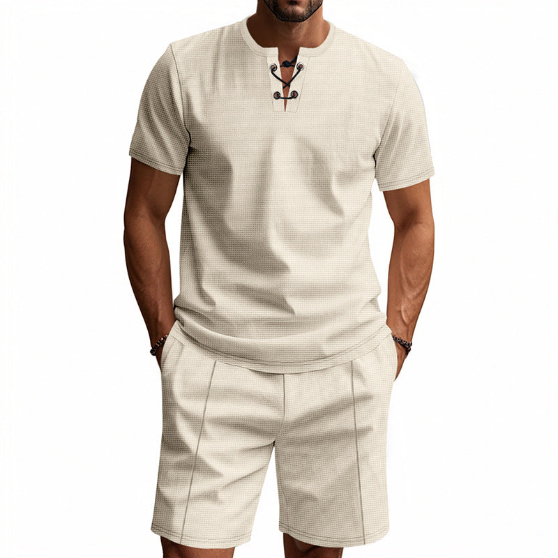 Herren nan kurzärmeliges Schnürkragen-Shirt im Waffeljersey mit Bundfalten-Bermuda R&B