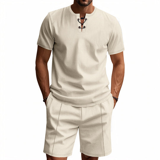 Herren nan kurzärmeliges Schnürkragen-Shirt im Waffeljersey mit Bundfalten-Bermuda R&B