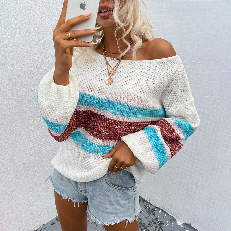Damen lässiger Strickpullover mit weitem Ausschnitt und einzigartigem Streifenmuster