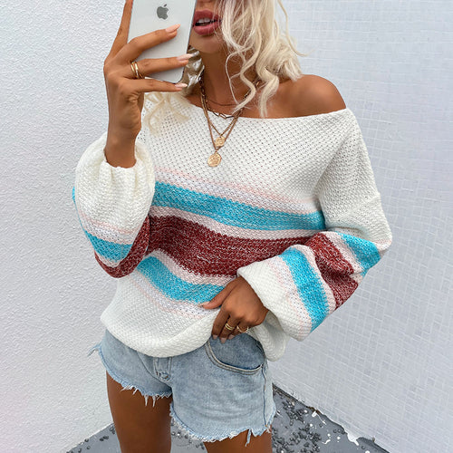 Damen lässiger Strickpullover mit weitem Ausschnitt und einzigartigem Streifenmuster R&B