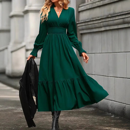 Damen Maxikleid mit elegantem V-Ausschnitt und voluminösen Ärmeln R&B