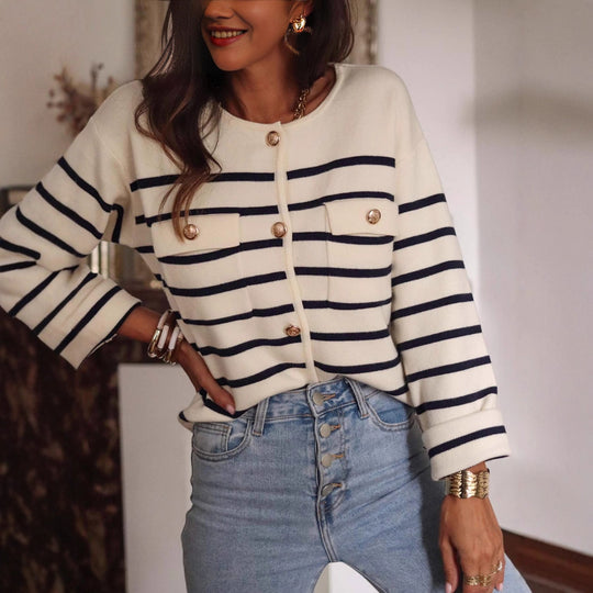 Damen komfortable Strickjacke mit modischem Streifenmuster und eleganten Knopfdetails R&B