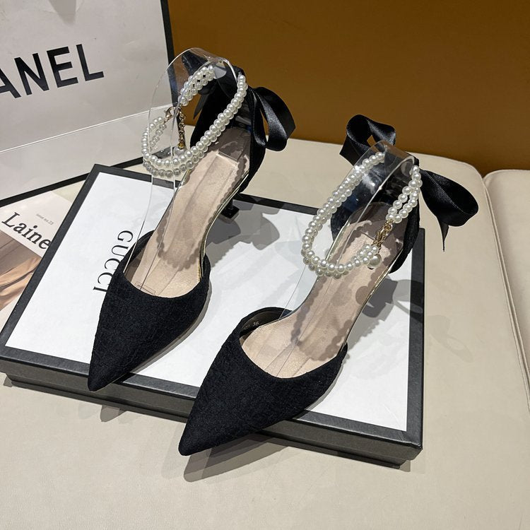 Damen schicke High Heels mit transparentem Riemen und zierlichem Perlenakzent R&B