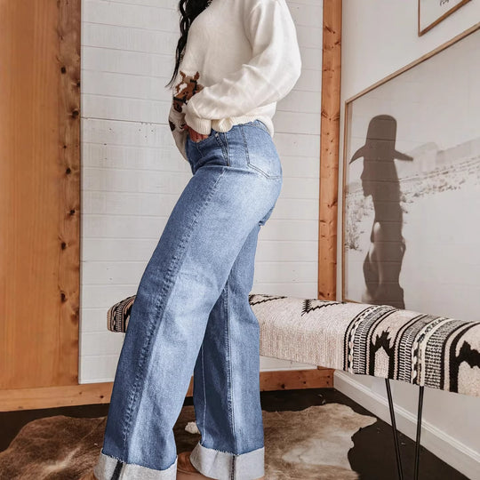 Damen weite High-Waist Jeans mit einzigartigen Kontrastnähten und lässigem Look R&B
