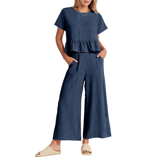 Damen Zweiteiliges Outfit mit fließendem Oberteil und weitem Hosen-Design R&B