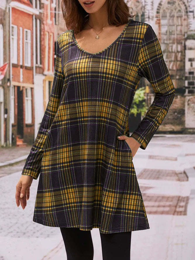Damen Karo Freizeitkleid mit praktischen Seitentaschen R&B