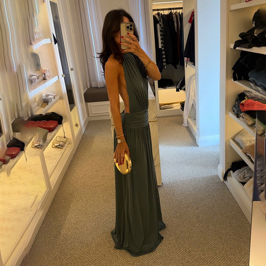 Damen elegantes Maxikleid mit hochwertigem Halterneck-Design und fließendem Stoff R&B