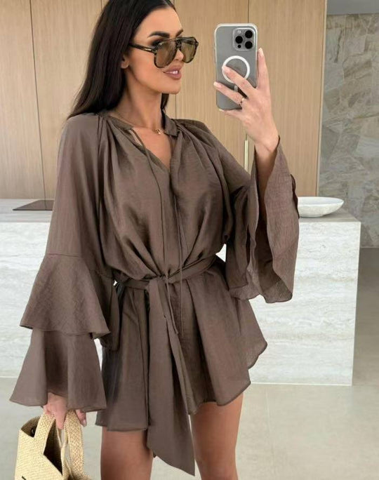 Damen luftige Strandbluse mit voluminösen Ärmeln und Taillengürtel R&B