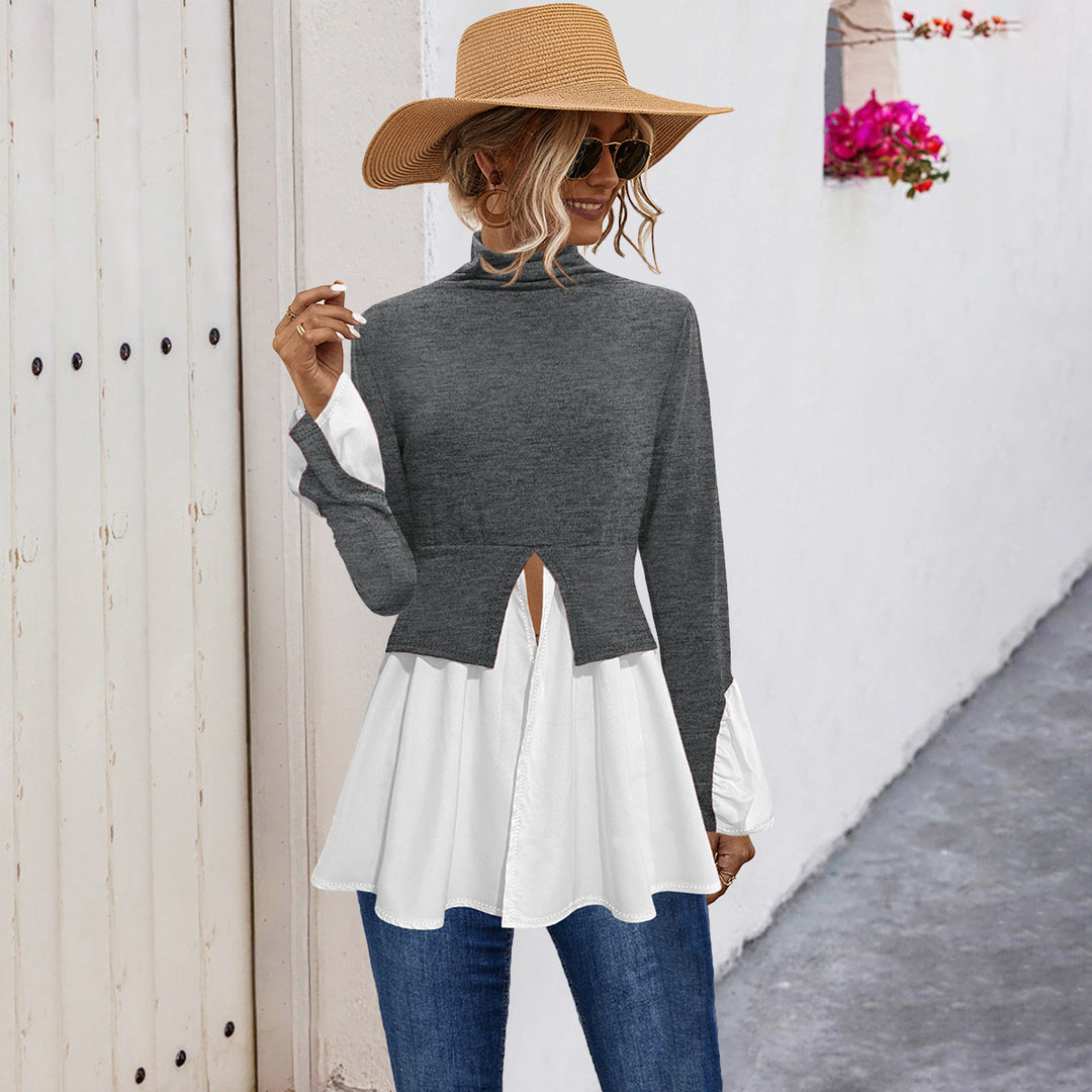 Damen Modisches Hemdblusenshirt mit hohem Kragen und asymmetrischem Schnitt R&B