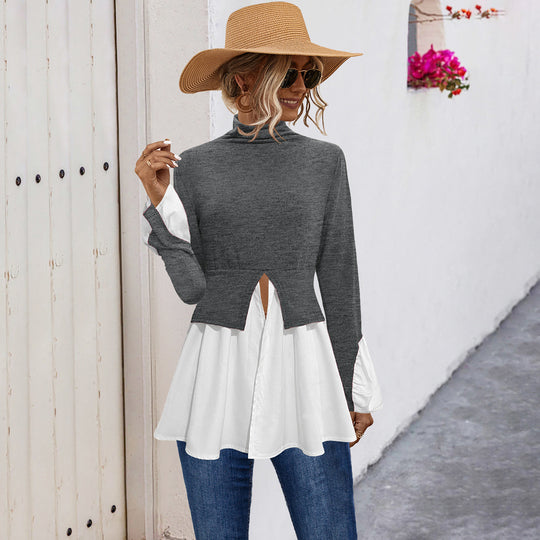 Damen Modisches Hemdblusenshirt mit hohem Kragen und asymmetrischem Schnitt R&B