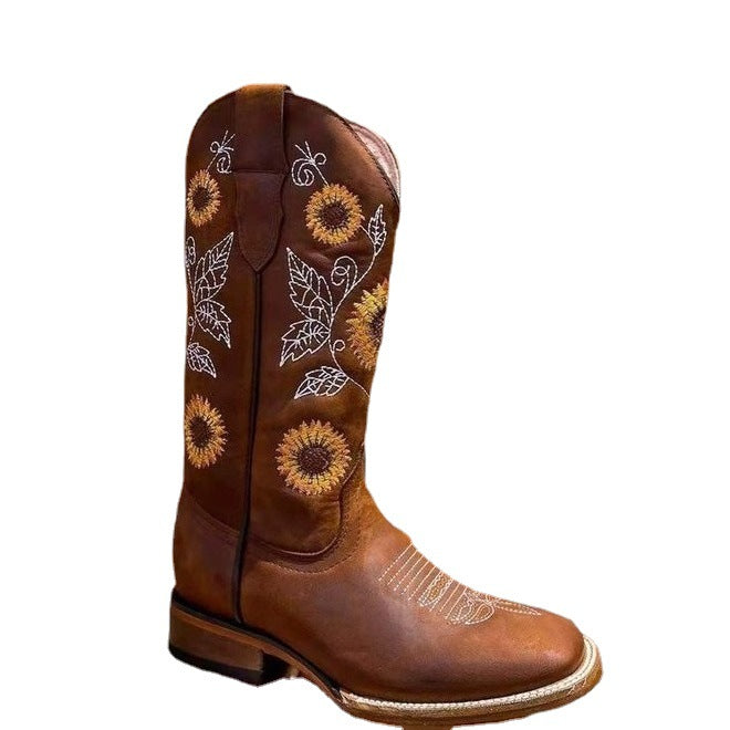 Damen Cowboy-Stiefel mit floralem Stickdesign und robustem Blockabsatz R&B