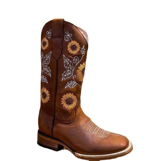 Damen Cowboy-Stiefel mit floralem Stickdesign und robustem Blockabsatz R&B