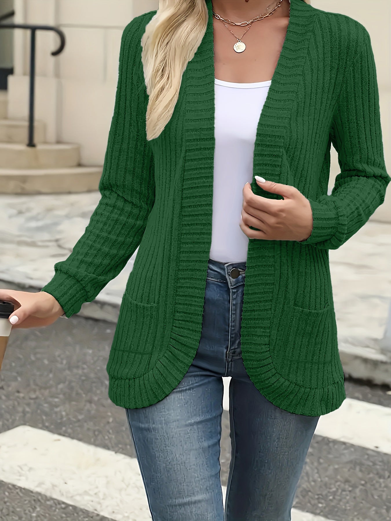 Damen Strickjacke mit offenen Front und praktischen Taschen R&B