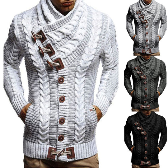 Herren Grobstrickjacke mit kreativem Schalkragen und Knopfdetails R&B