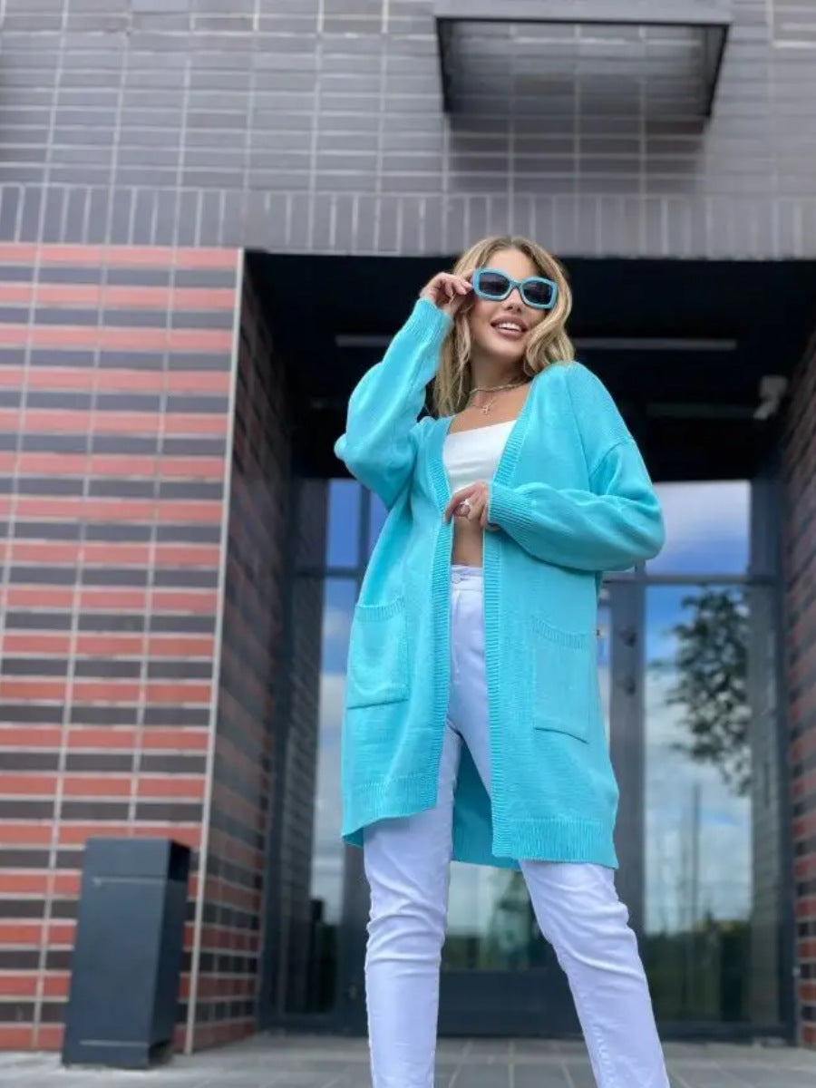 R&B | Strickjacke Lockere Passform Offene Front Taschen Langes Modell