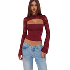 Damen Spitzenoberteil mit innovativem Cut-Out und langen Ärmeln R&B