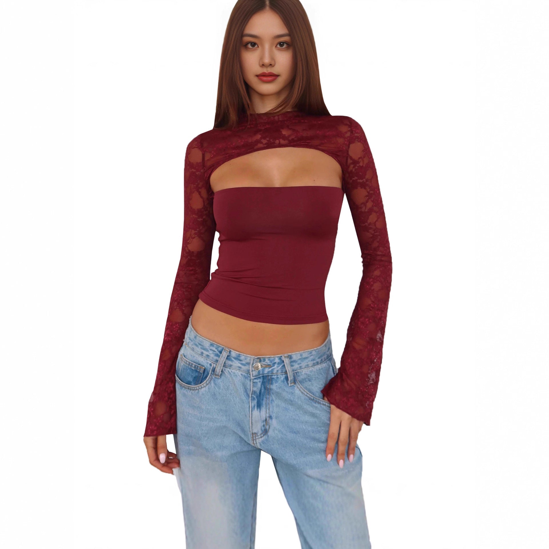 Damen Spitzenoberteil mit innovativem Cut-Out und langen Ärmeln R&B
