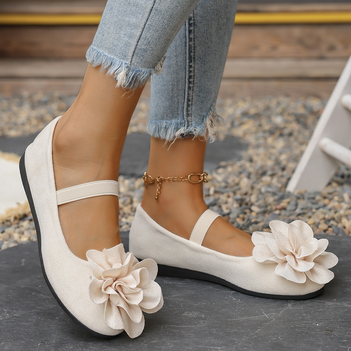 Damen Ballerinas mit floralem 3D-Blüten-Design und elastischem Riemen R&B
