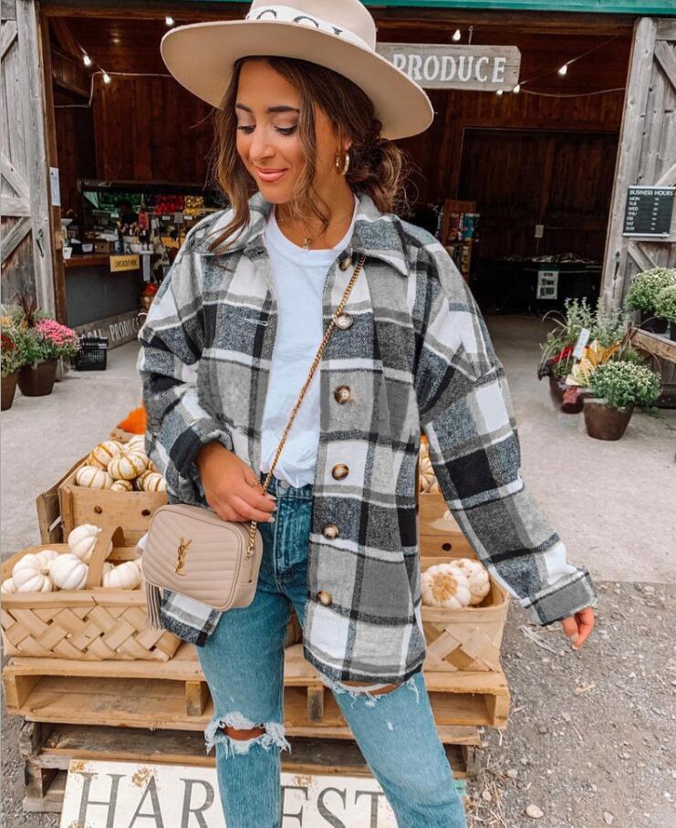 Damen lässige karierte Flanelljacke mit Knopfdetails R&B