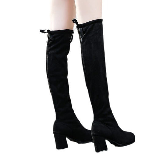 Damen modische Overkneestiefel mit Blockabsatz und raffiniertem Schnürdetail R&B
