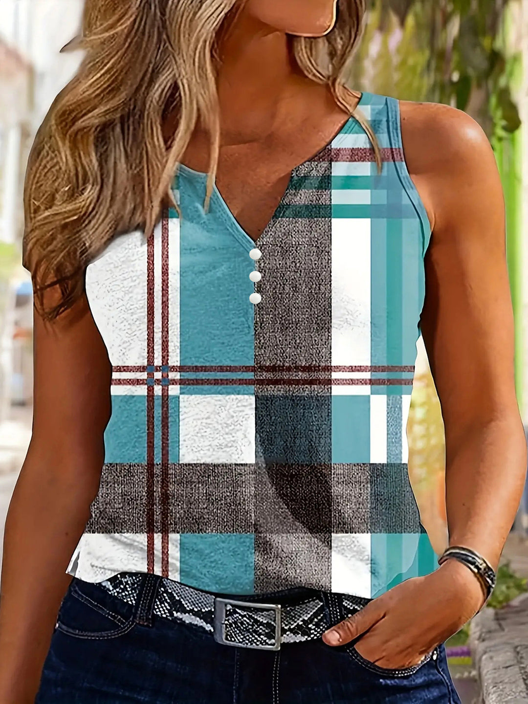 Damen ärmelloses V-Neck Top mit dekorativem Knopfdetail und modernem Karomuster R&B