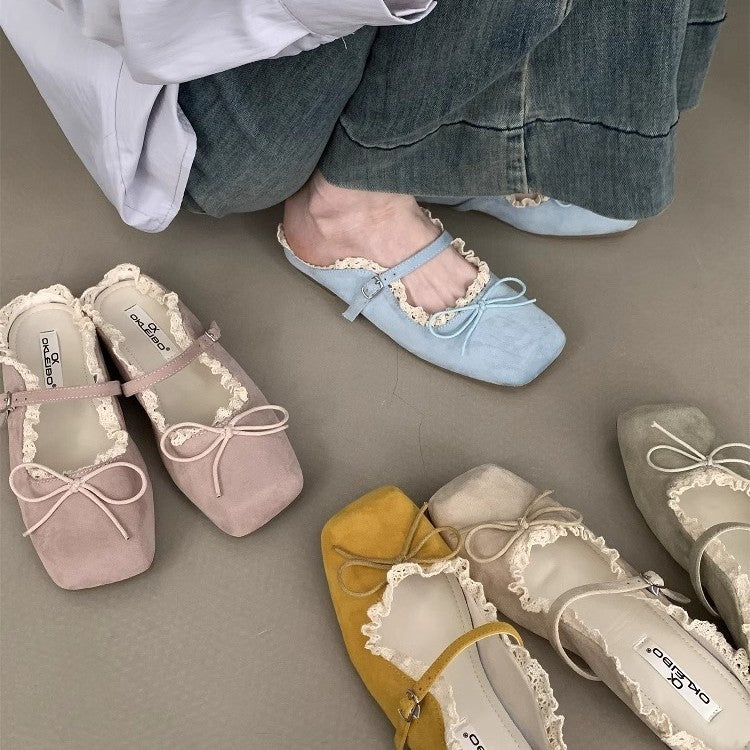 Damen elegante Ballerinas mit zartem Riemchen und Spitzenbesatz R&B