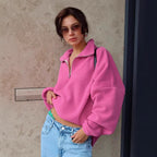 Damen lässiger Fleece-Pullover mit halbem Reißverschluss und oversized Schnitt R&B